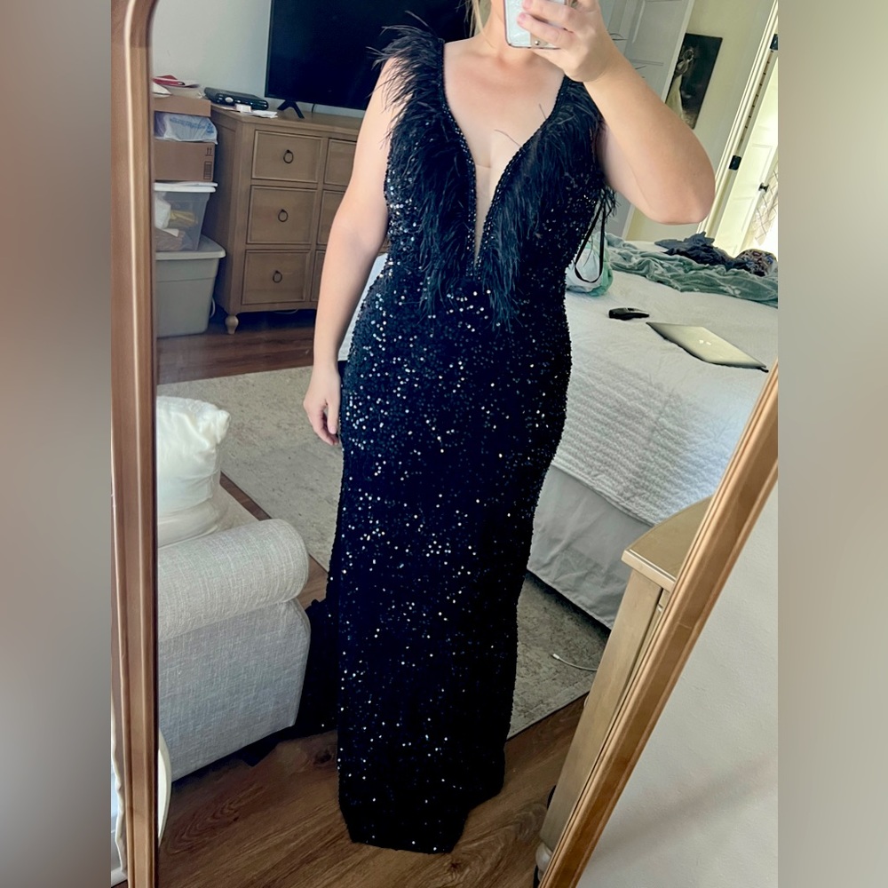 Alyce Paris 61374 Black Feathered V-Neck Sequin Gown